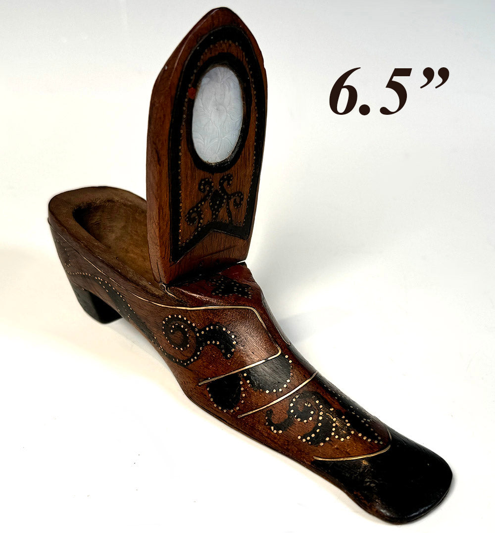 Antique French Hand Carved 6.5" Long Shoe or Boot Snuff Box, Pique, Earliest 19th Century