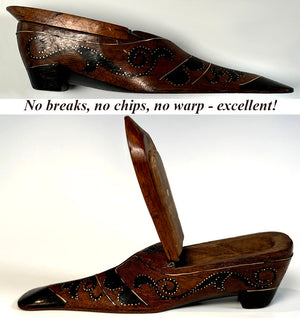 Antique French Hand Carved 6.5" Long Shoe or Boot Snuff Box, Pique, Earliest 19th Century