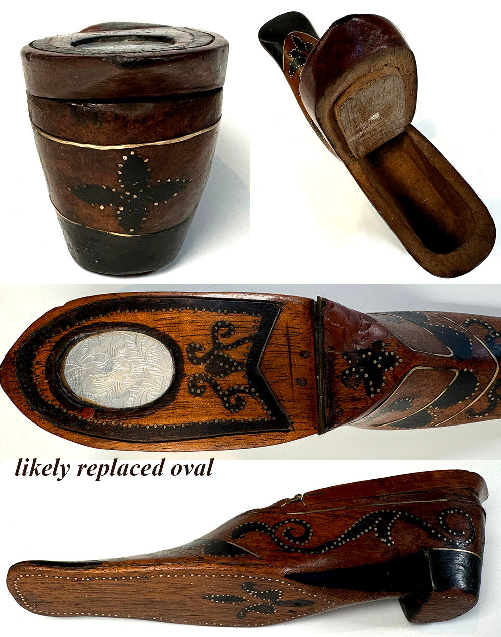 Antique French Hand Carved 6.5" Long Shoe or Boot Snuff Box, Pique, Earliest 19th Century