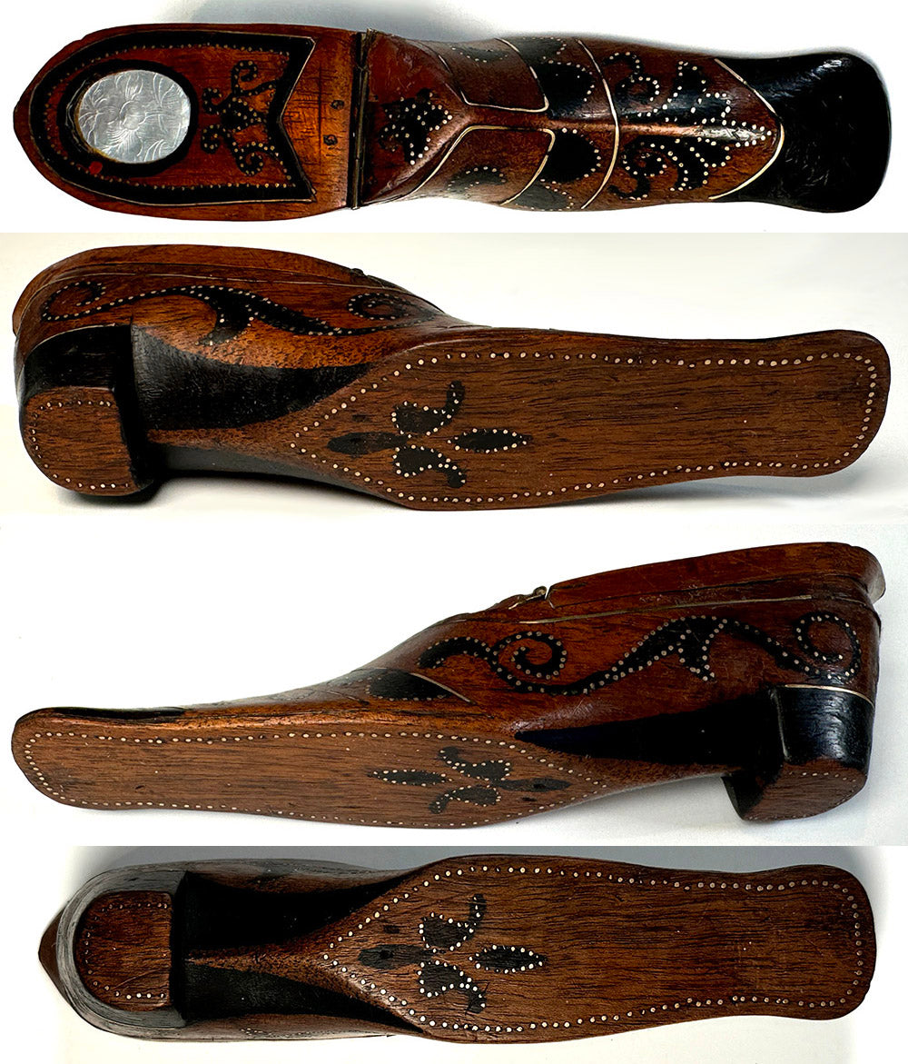 Antique French Hand Carved 6.5" Long Shoe or Boot Snuff Box, Pique, Earliest 19th Century