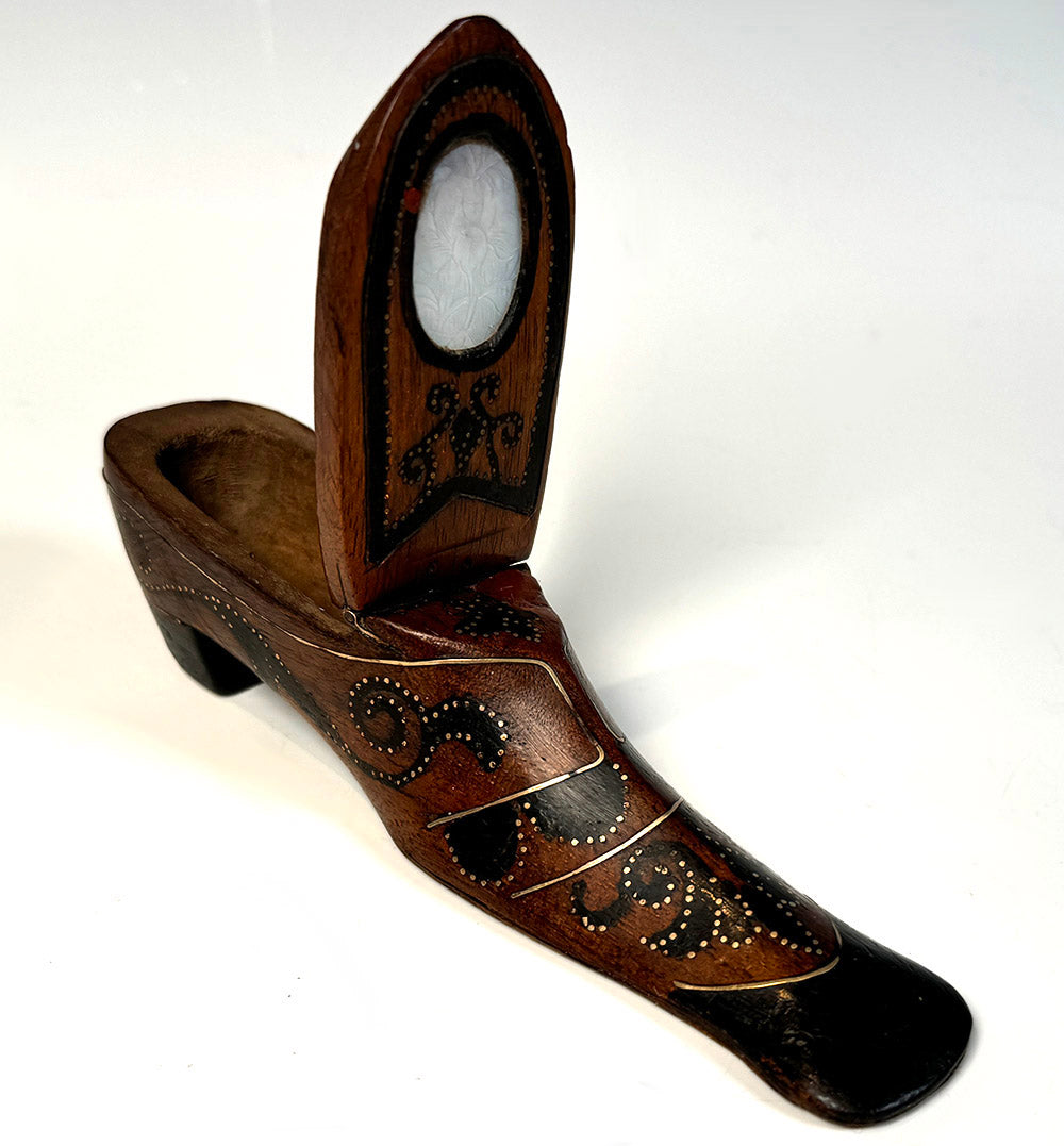 Antique French Hand Carved 6.5" Long Shoe or Boot Snuff Box, Pique, Earliest 19th Century