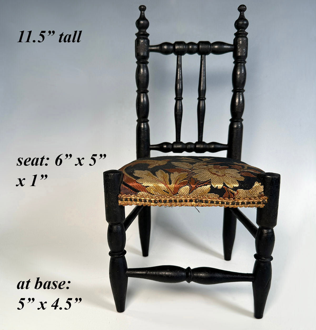 Antique French Miniature or Doll Chair, 11.5" Tall Ebonized Side Chair with Upholstered Seat