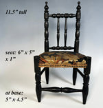 Antique French Miniature or Doll Chair, 11.5" Tall Ebonized Side Chair with Upholstered Seat