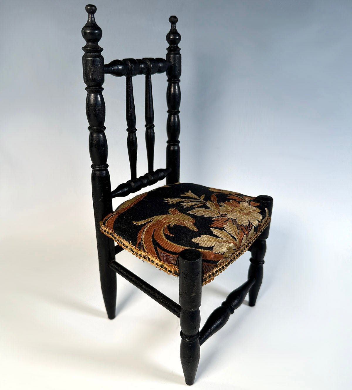 Antique French Miniature or Doll Chair, 11.5" Tall Ebonized Side Chair with Upholstered Seat