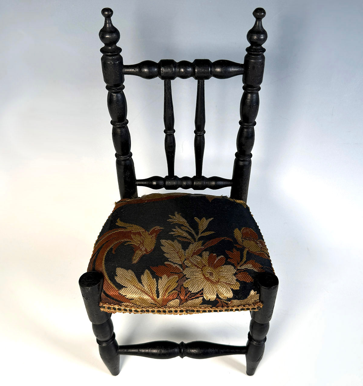 Antique French Miniature or Doll Chair, 11.5" Tall Ebonized Side Chair with Upholstered Seat