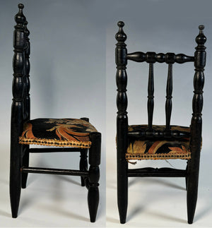 Antique French Miniature or Doll Chair, 11.5" Tall Ebonized Side Chair with Upholstered Seat