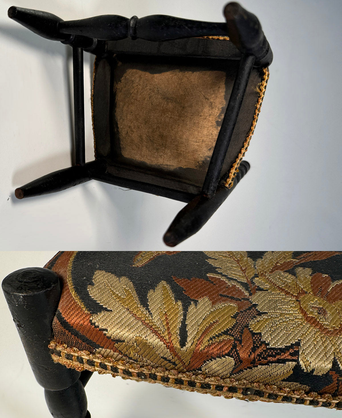 Antique French Miniature or Doll Chair, 11.5" Tall Ebonized Side Chair with Upholstered Seat