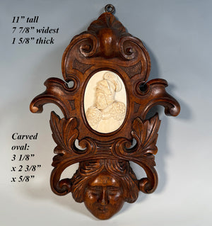 Hand Carved Figural Frame w 17th Century Carved Ivory Bas Relief Sculpture Portrait Miniature of a Knight