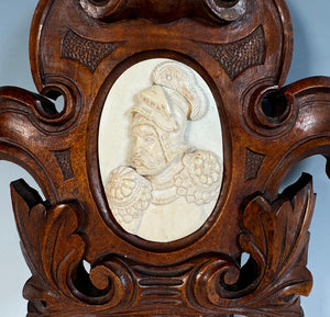 Hand Carved Figural Frame w 17th Century Carved Ivory Bas Relief Sculpture Portrait Miniature of a Knight