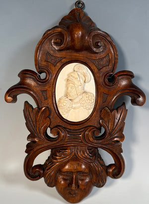 Hand Carved Figural Frame w 17th Century Carved Ivory Bas Relief Sculpture Portrait Miniature of a Knight