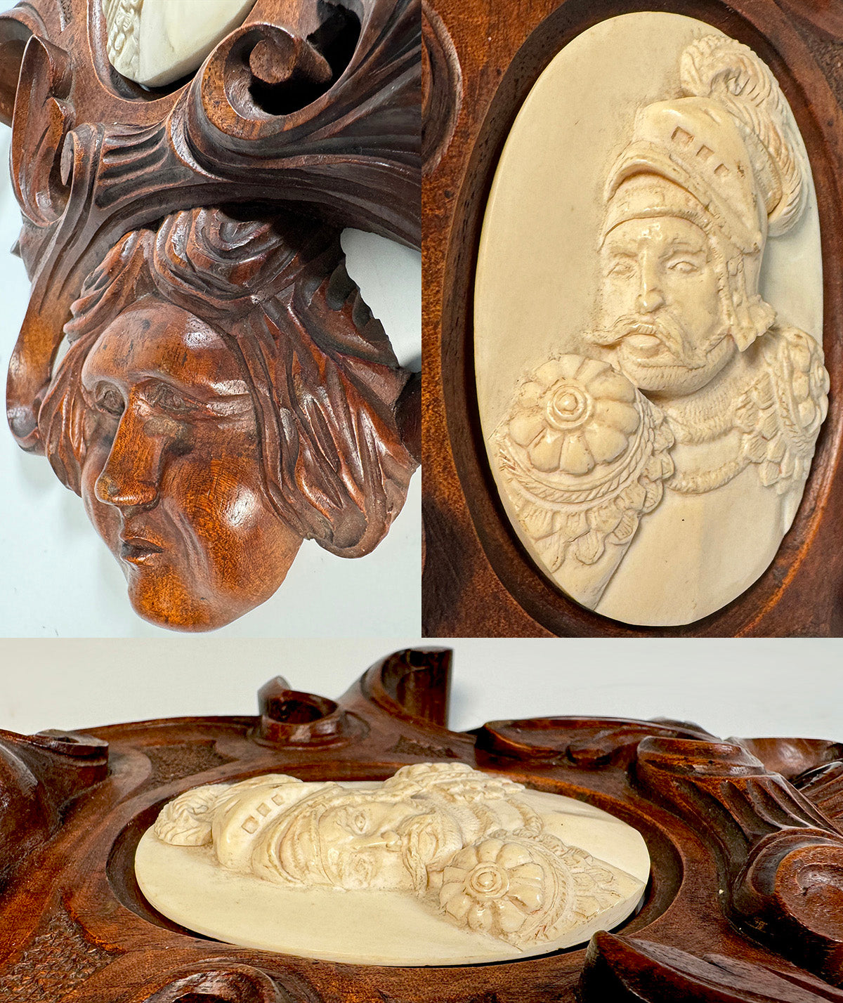 Hand Carved Figural Frame w 17th Century Carved Ivory Bas Relief Sculpture Portrait Miniature of a Knight