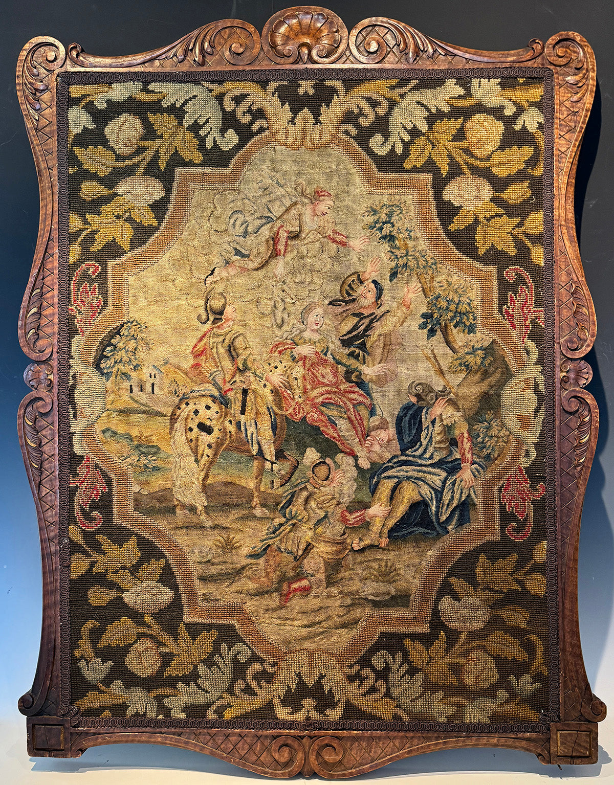 RARE Antique 18th Century Needlepoint Fire Screen Panel in Carved Frame, Point de Saint Cyr Tapestry