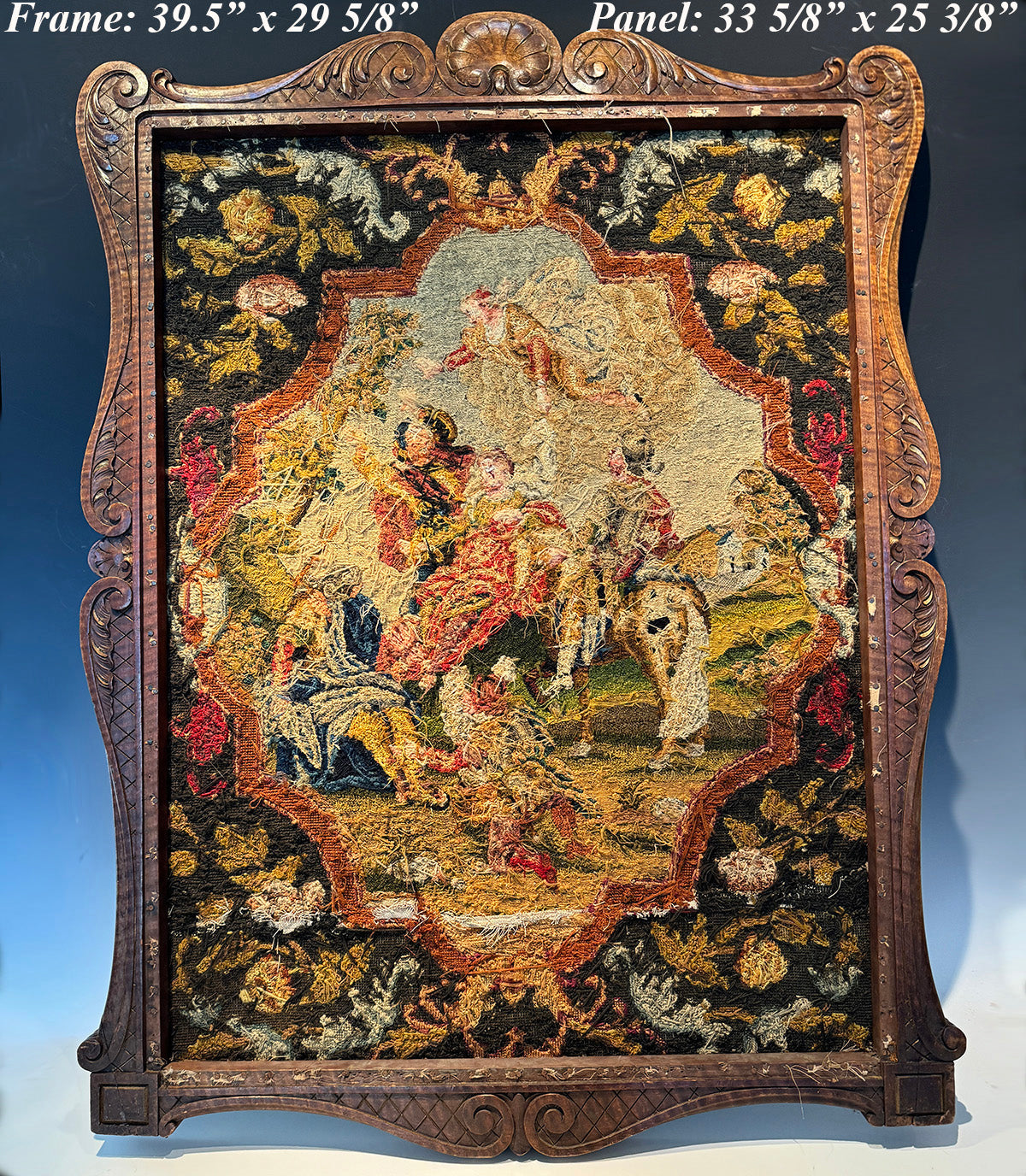 RARE Antique 18th Century Needlepoint Fire Screen Panel in Carved Frame, Point de Saint Cyr Tapestry