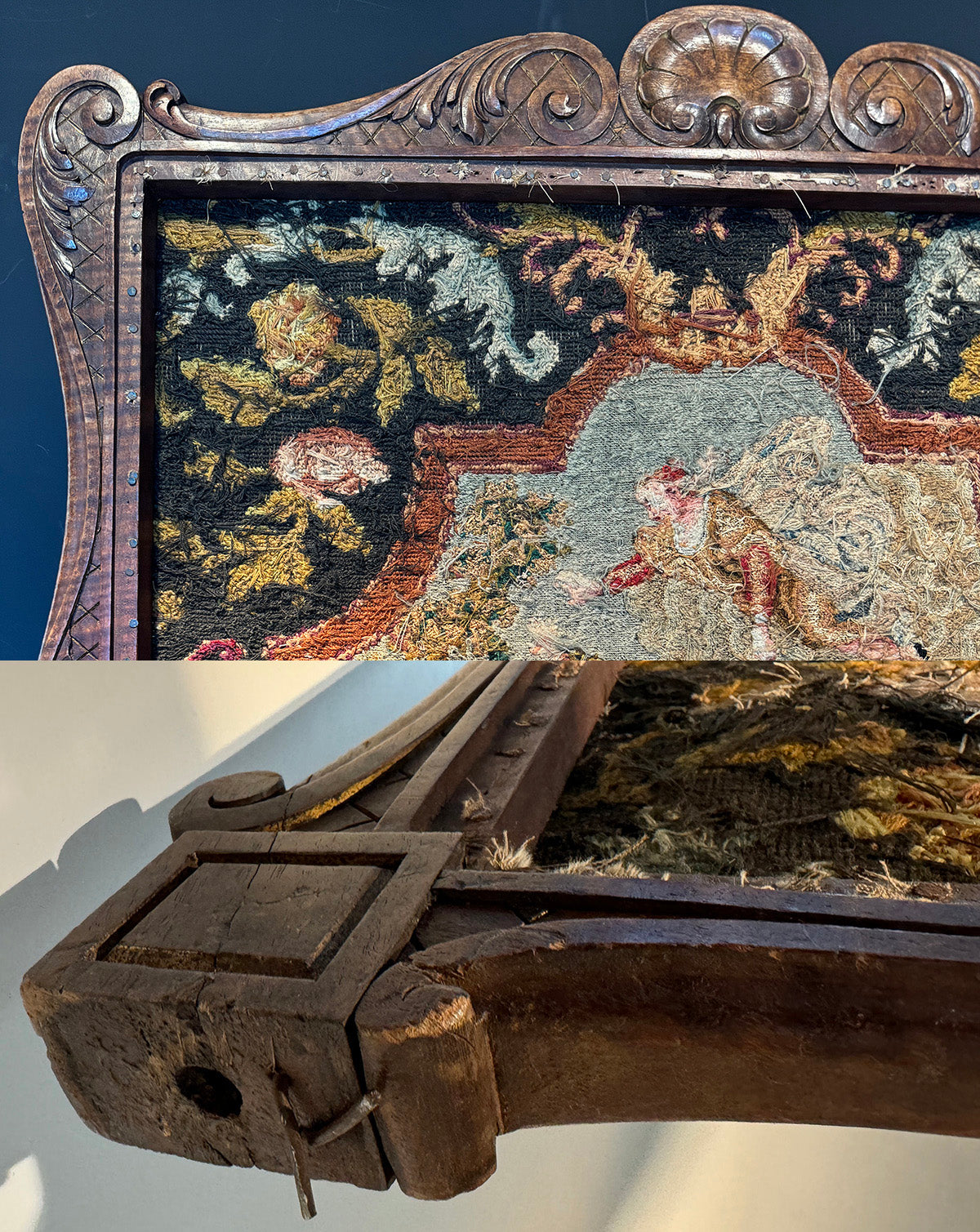 RARE Antique 18th Century Needlepoint Fire Screen Panel in Carved Frame, Point de Saint Cyr Tapestry