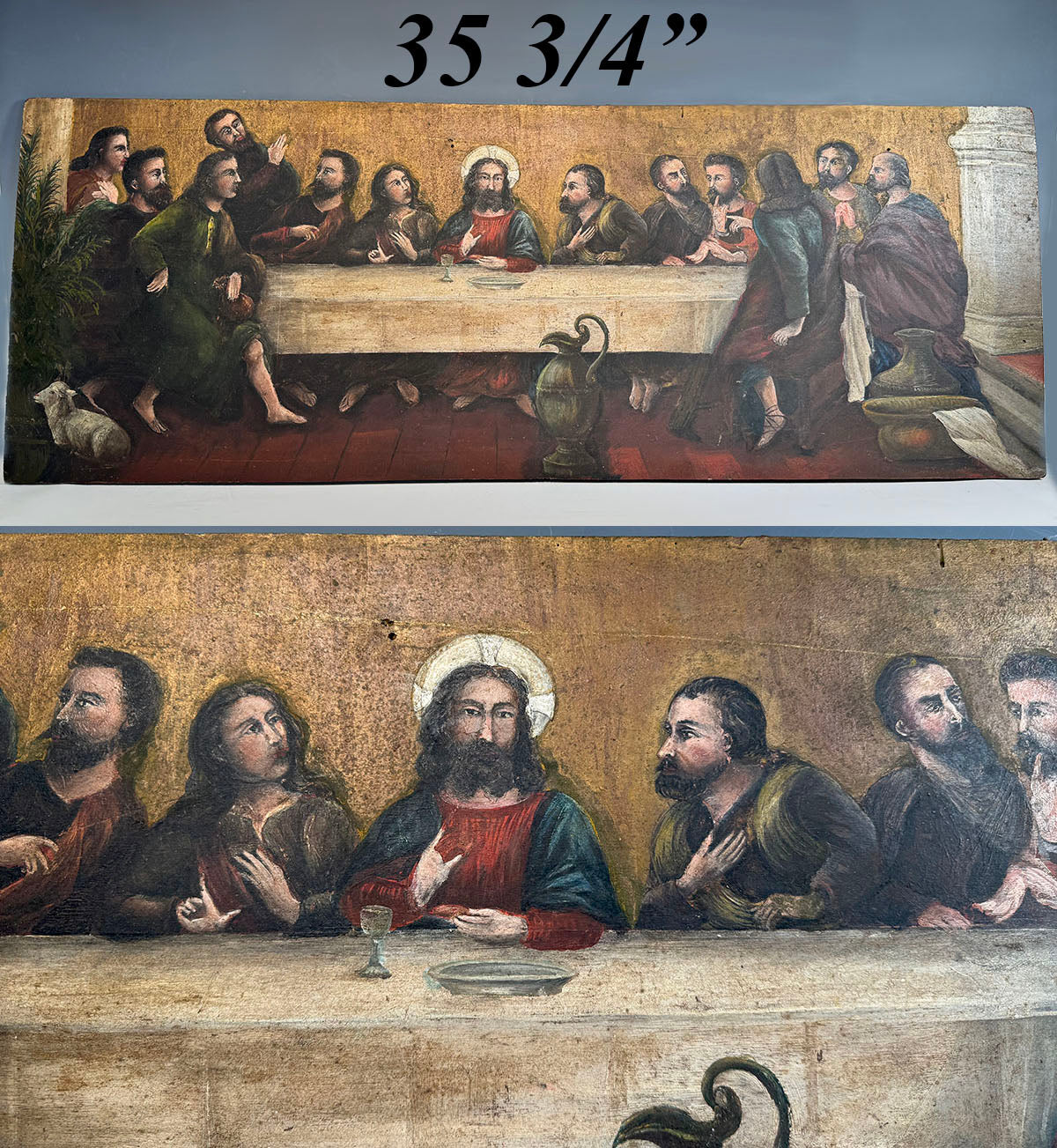 Superb Antique French Oil Painting of The Last Supper, Painted on Board 35.75" x 14.75"