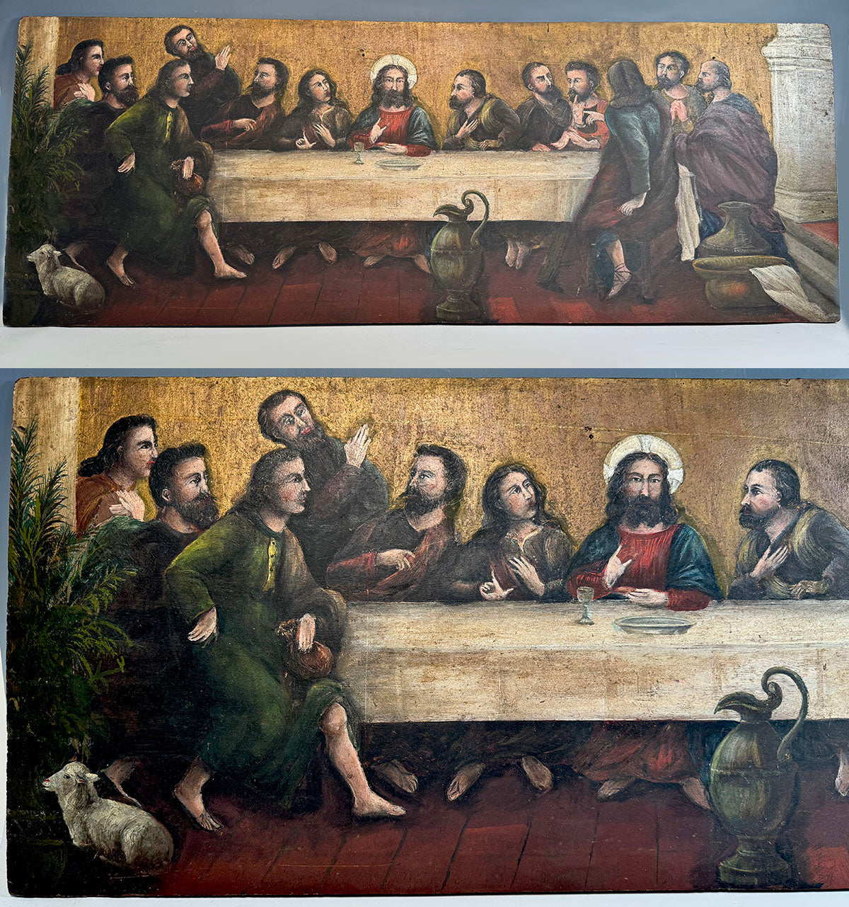 Superb Antique French Oil Painting of The Last Supper, Painted on Board 35.75" x 14.75"