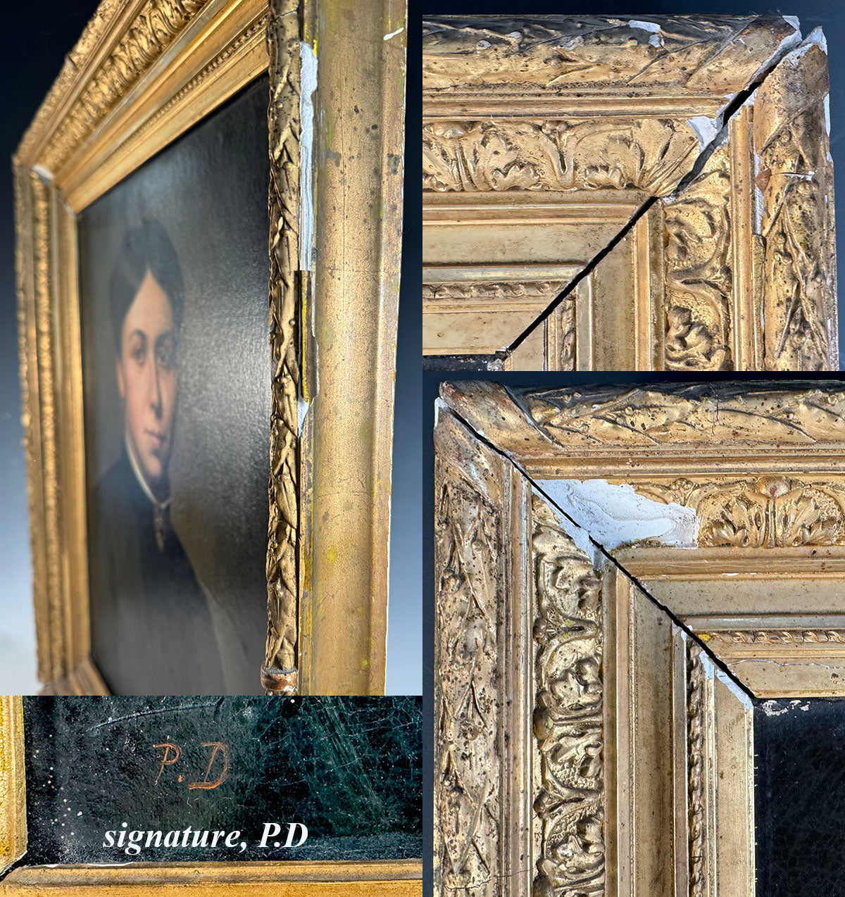 Antique French Oil Painting, Napoleon III ( Victorian Era ) w Seed Pearl Mourning Jewelry, in Frame