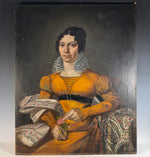 Antique Late French Empire Large Oil Painting Portrait of a Woman,  Mustard Yellow Gown, 34" x 28"