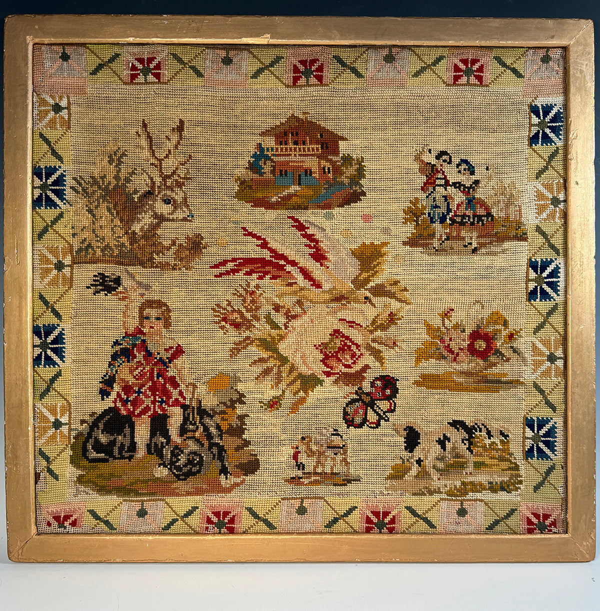 Antique Victorian to Edwardian Era Embroidery Sampler of a Child, Animals, in Frame 21.5" x 20"