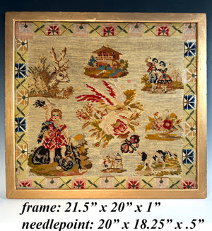 Antique Victorian to Edwardian Era Embroidery Sampler of a Child, Animals, in Frame 21.5" x 20"