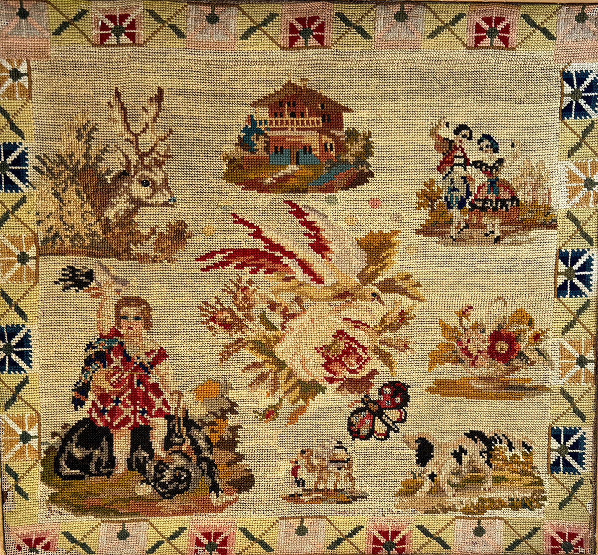 Antique Victorian to Edwardian Era Embroidery Sampler of a Child, Animals, in Frame 21.5" x 20"