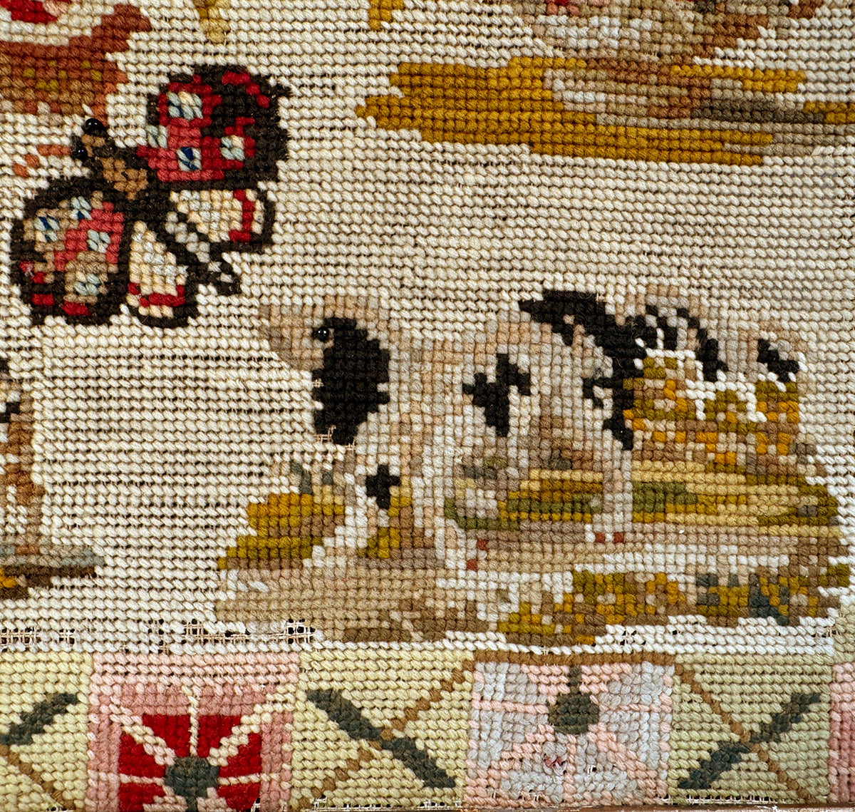 Antique Victorian to Edwardian Era Embroidery Sampler of a Child, Animals, in Frame 21.5" x 20"