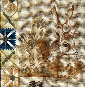 Antique Victorian to Edwardian Era Embroidery Sampler of a Child, Animals, in Frame 21.5" x 20"