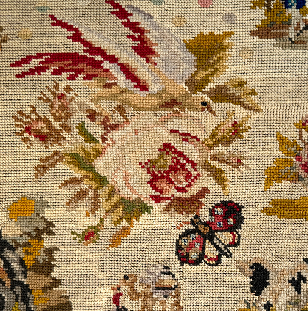 Antique Victorian to Edwardian Era Embroidery Sampler of a Child, Animals, in Frame 21.5" x 20"