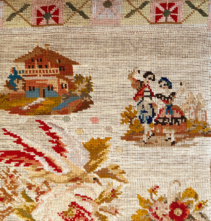 Antique Victorian to Edwardian Era Embroidery Sampler of a Child, Animals, in Frame 21.5" x 20"