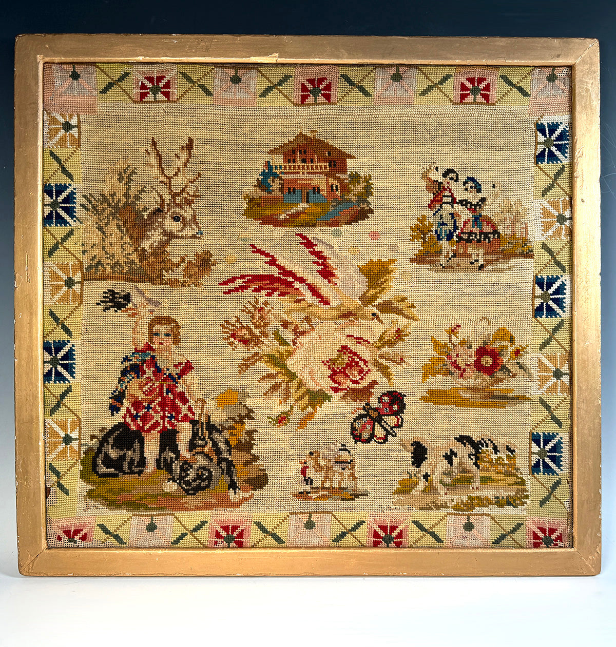 Antique Victorian to Edwardian Era Embroidery Sampler of a Child, Animals, in Frame 21.5" x 20"