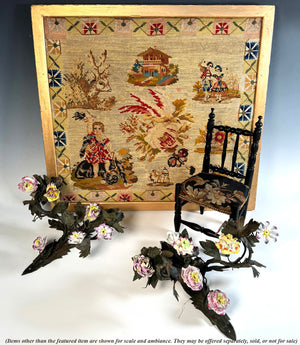 Antique Victorian to Edwardian Era Embroidery Sampler of a Child, Animals, in Frame 21.5" x 20"