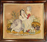 Large Fine Needlepoint Tapestry in Walnut Frame, English Girls in Landscape Scene with Castle