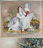 Large Fine Needlepoint Tapestry in Walnut Frame, English Girls in Landscape Scene with Castle