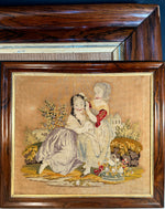 Large Fine Needlepoint Tapestry in Walnut Frame, English Girls in Landscape Scene with Castle