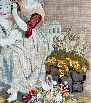 Large Fine Needlepoint Tapestry in Walnut Frame, English Girls in Landscape Scene with Castle