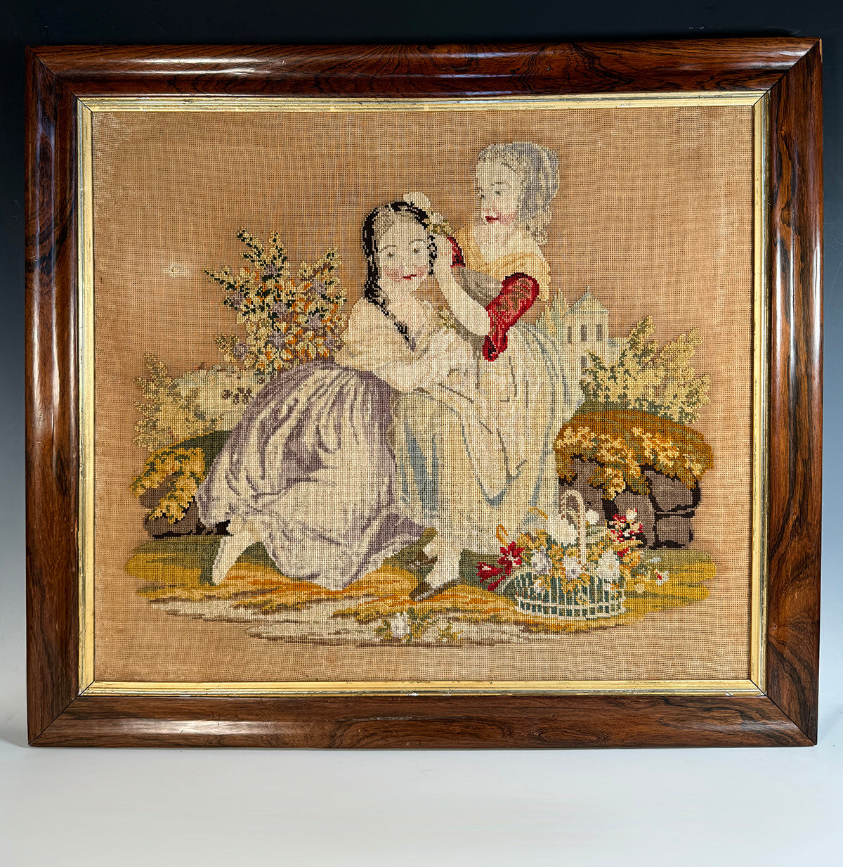 Large Fine Needlepoint Tapestry in Walnut Frame, English Girls in Landscape Scene with Castle