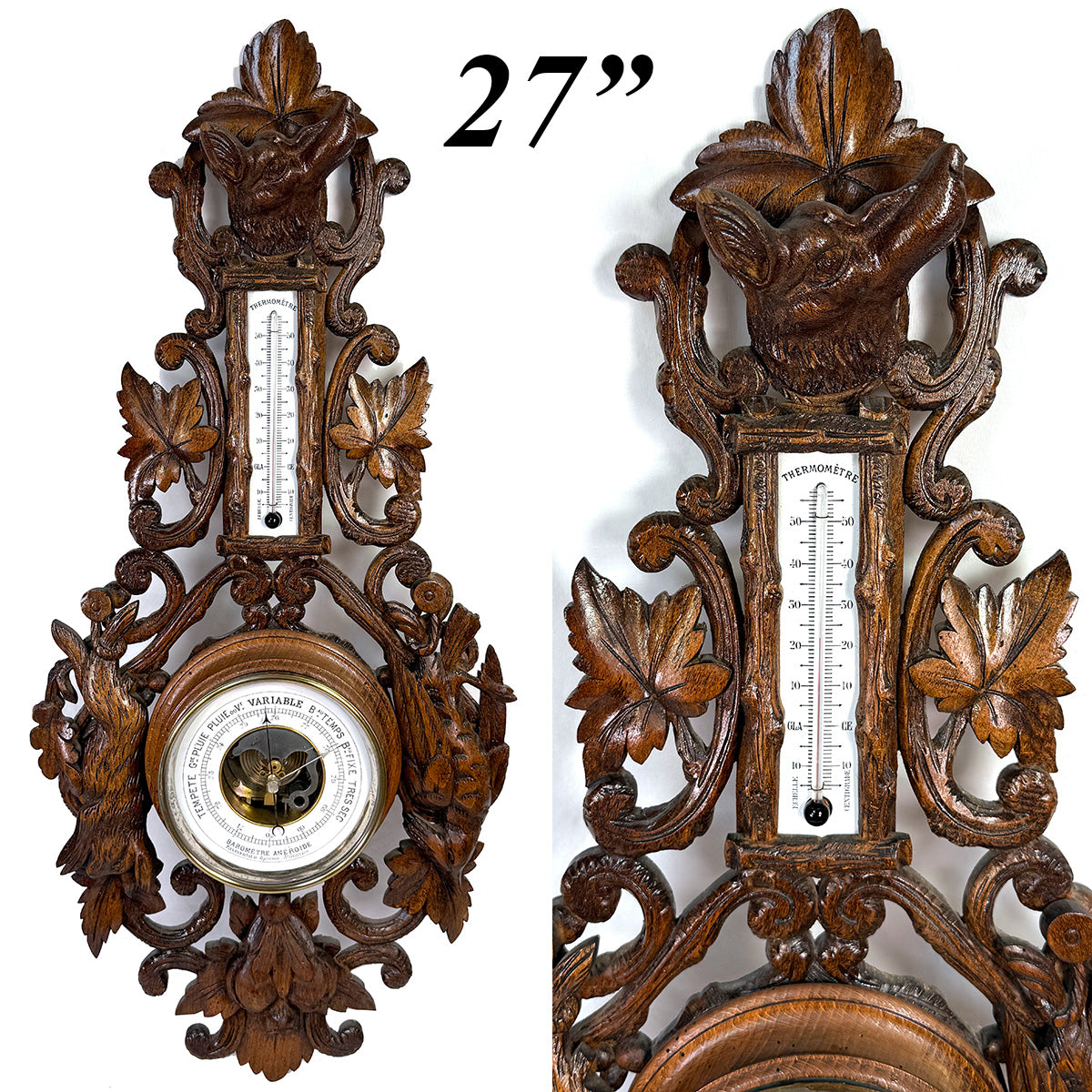 Antique Victorian Era Black Forest Style 27" Wall Barometer & Thermometer, "Fruits of the Hunt" Theme