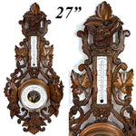 Antique Victorian Era Black Forest Style 27" Wall Barometer & Thermometer, "Fruits of the Hunt" Theme