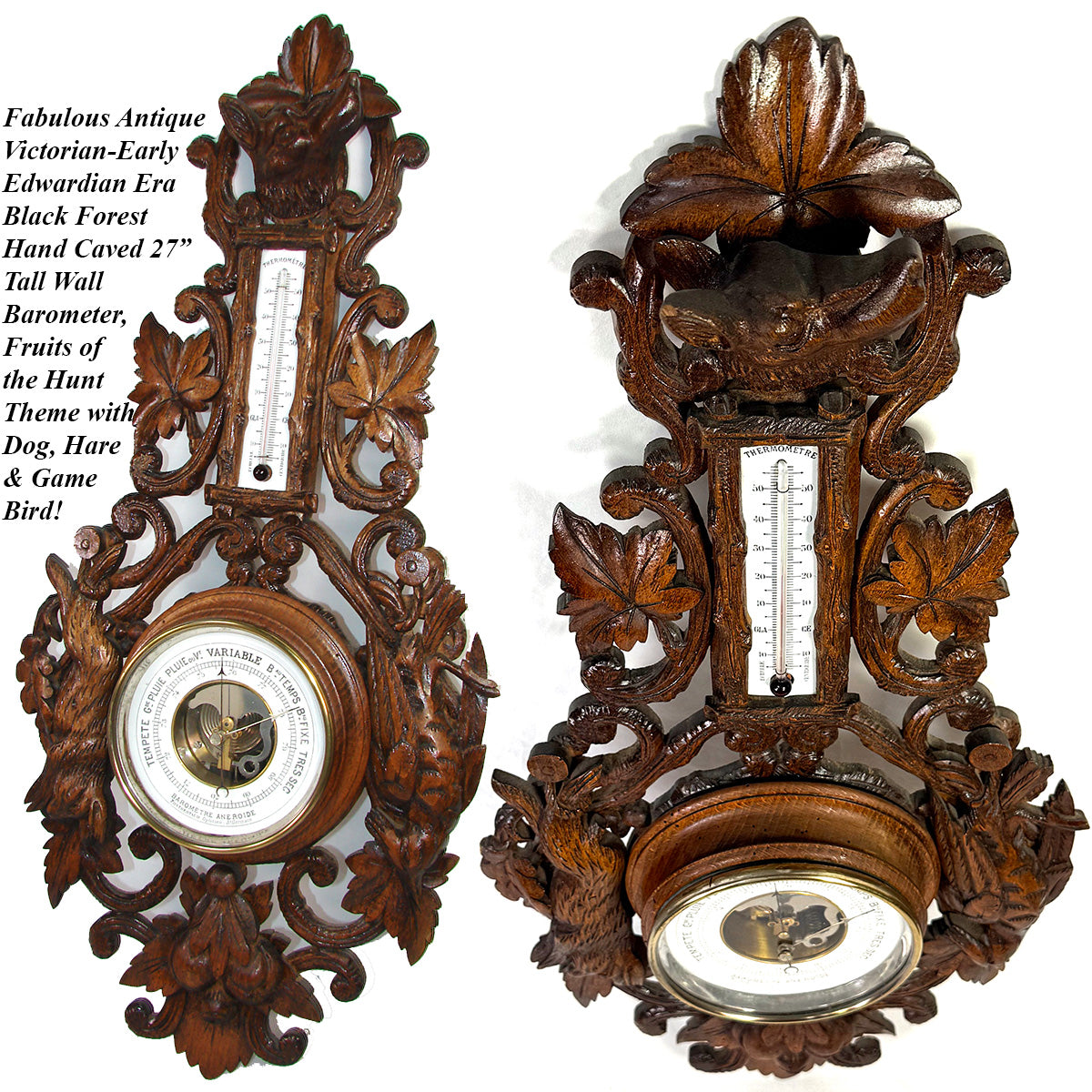 Antique Victorian Era Black Forest Style 27" Wall Barometer & Thermometer, "Fruits of the Hunt" Theme