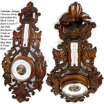 Antique Victorian Era Black Forest Style 27" Wall Barometer & Thermometer, "Fruits of the Hunt" Theme