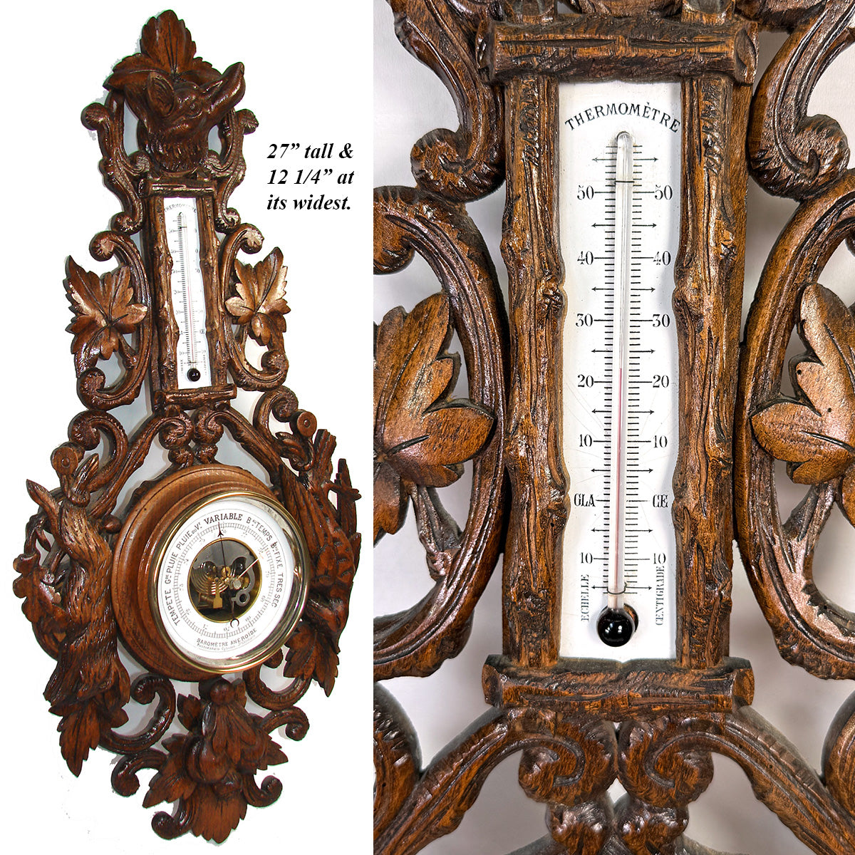Antique Victorian Era Black Forest Style 27" Wall Barometer & Thermometer, "Fruits of the Hunt" Theme