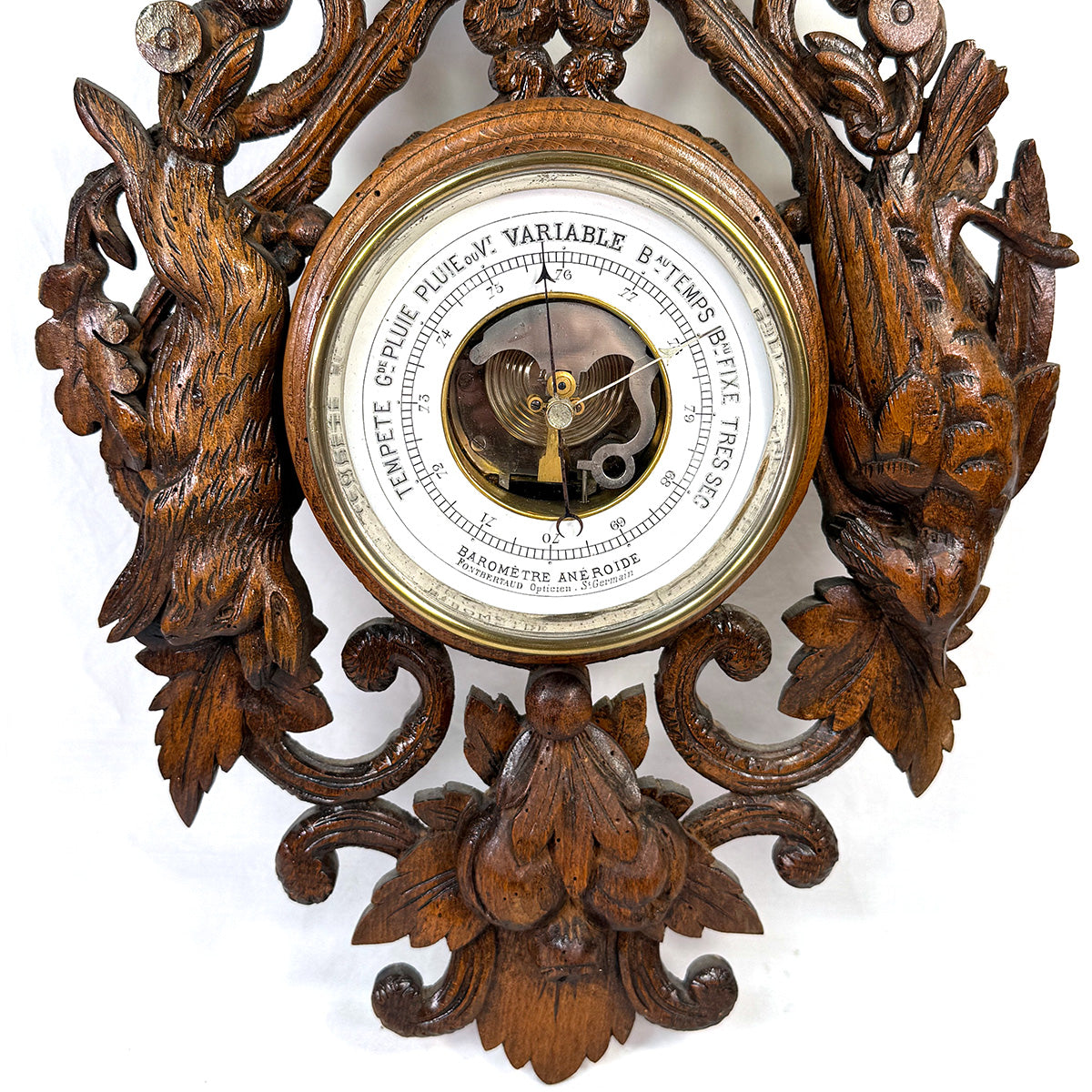 Antique Victorian Era Black Forest Style 27" Wall Barometer & Thermometer, "Fruits of the Hunt" Theme