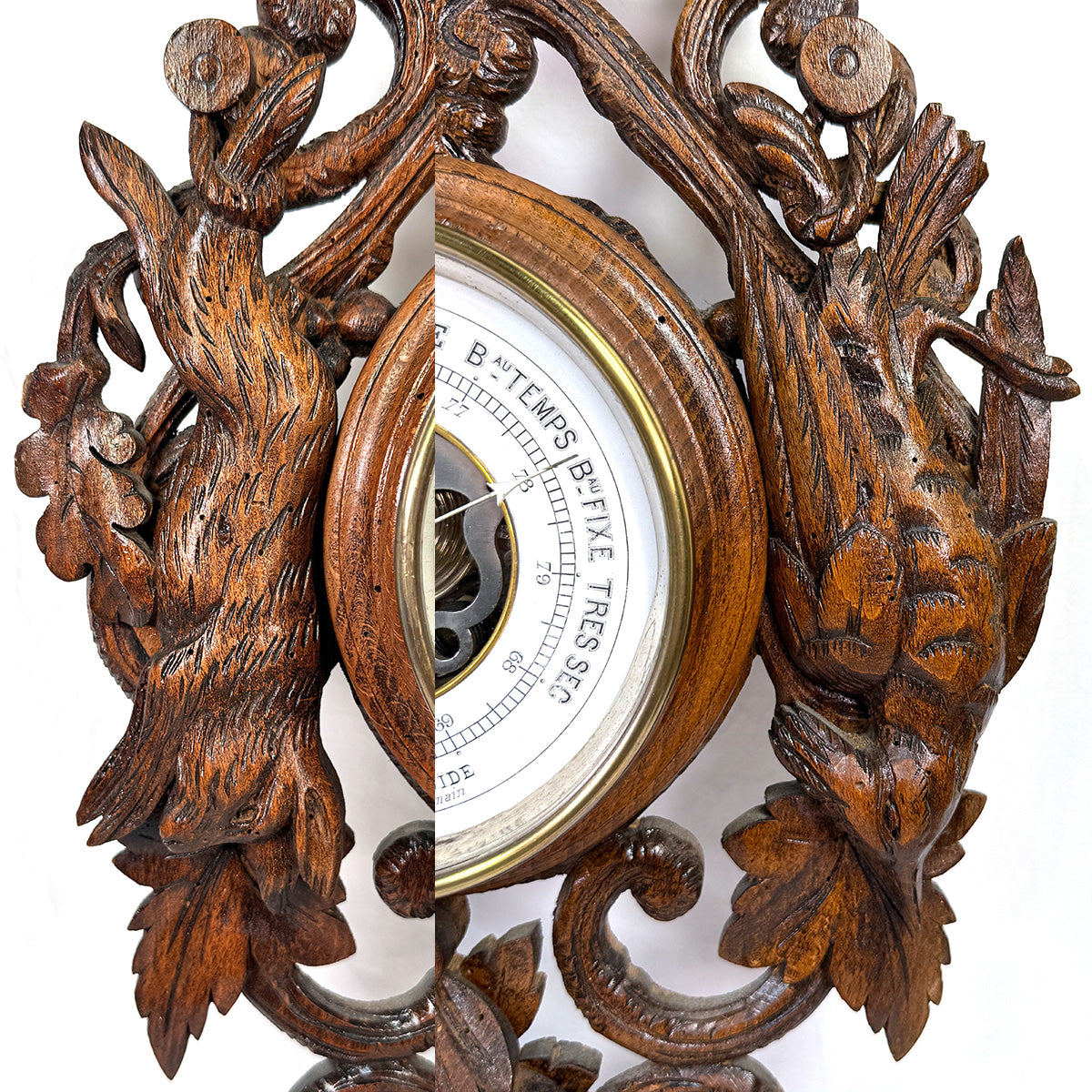 Antique Victorian Era Black Forest Style 27" Wall Barometer & Thermometer, "Fruits of the Hunt" Theme