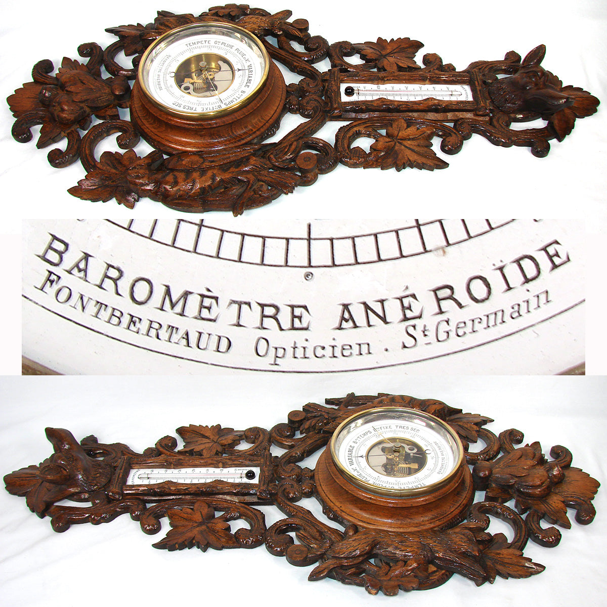 Antique Victorian Era Black Forest Style 27" Wall Barometer & Thermometer, "Fruits of the Hunt" Theme