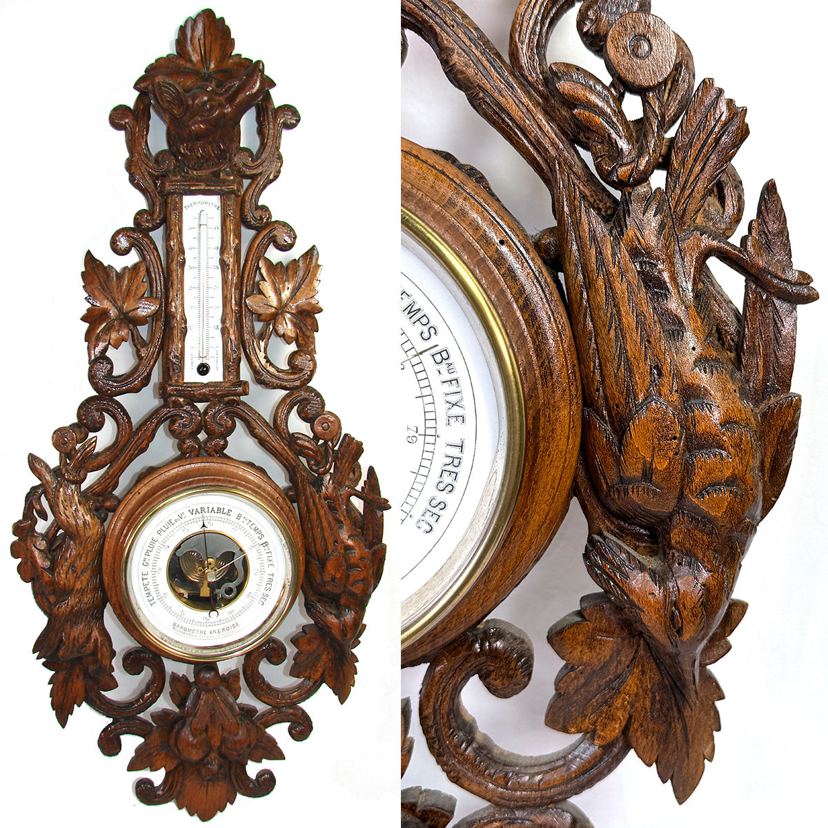Antique Victorian Era Black Forest Style 27" Wall Barometer & Thermometer, "Fruits of the Hunt" Theme
