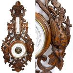 Antique Victorian Era Black Forest Style 27" Wall Barometer & Thermometer, "Fruits of the Hunt" Theme