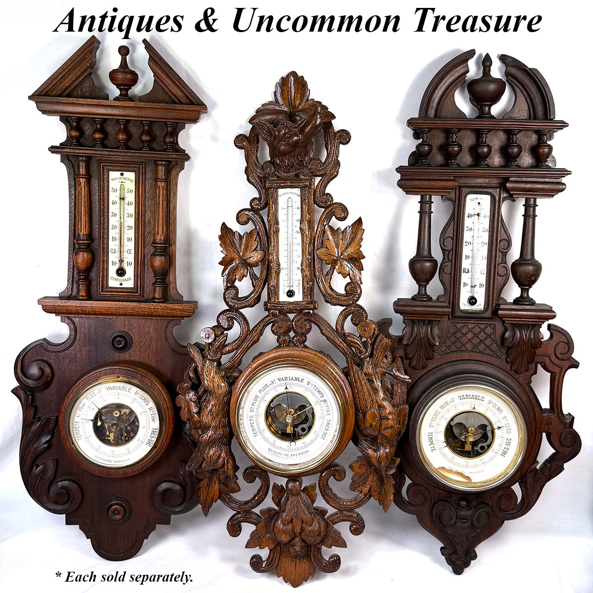 Antique Victorian Era Black Forest Style 27" Wall Barometer & Thermometer, "Fruits of the Hunt" Theme