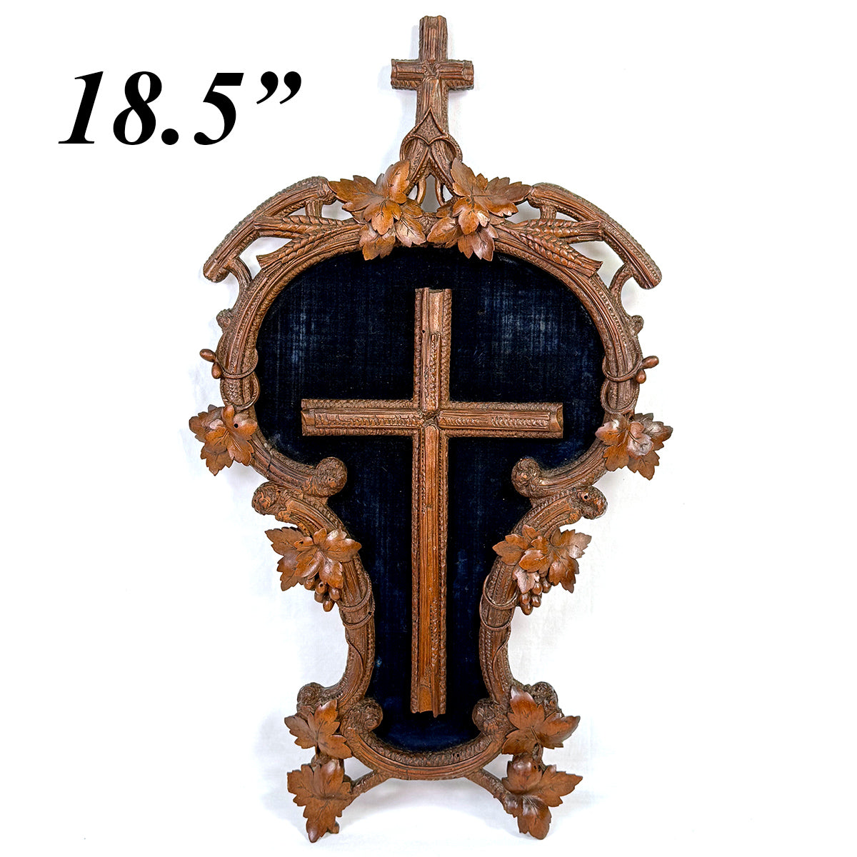 Antique Black Forest Carved 18.5" Foliate Accented Icon Frame, Inner Cross on Navy Velvet Mat