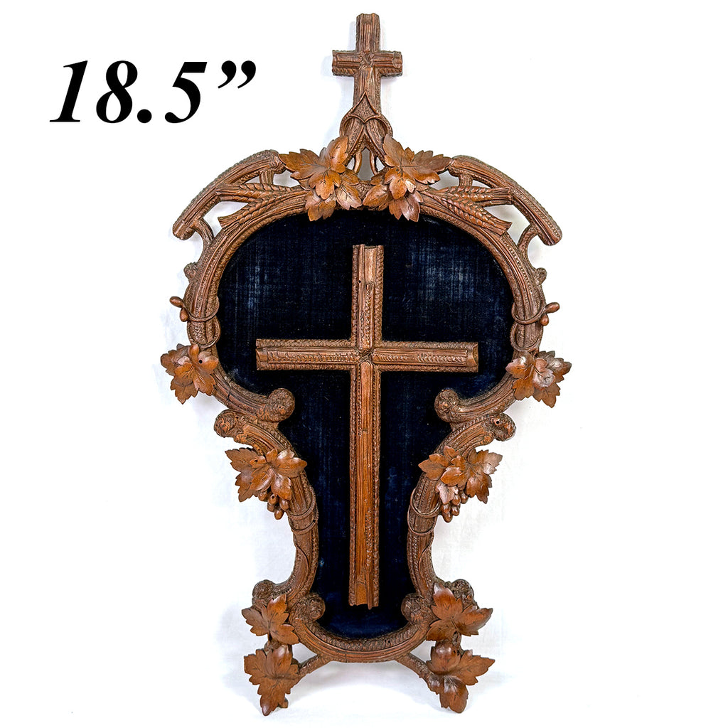 Antique Black Forest Carved 18.5" Foliate Accented Icon Frame, Inner Cross on Navy Velvet Mat