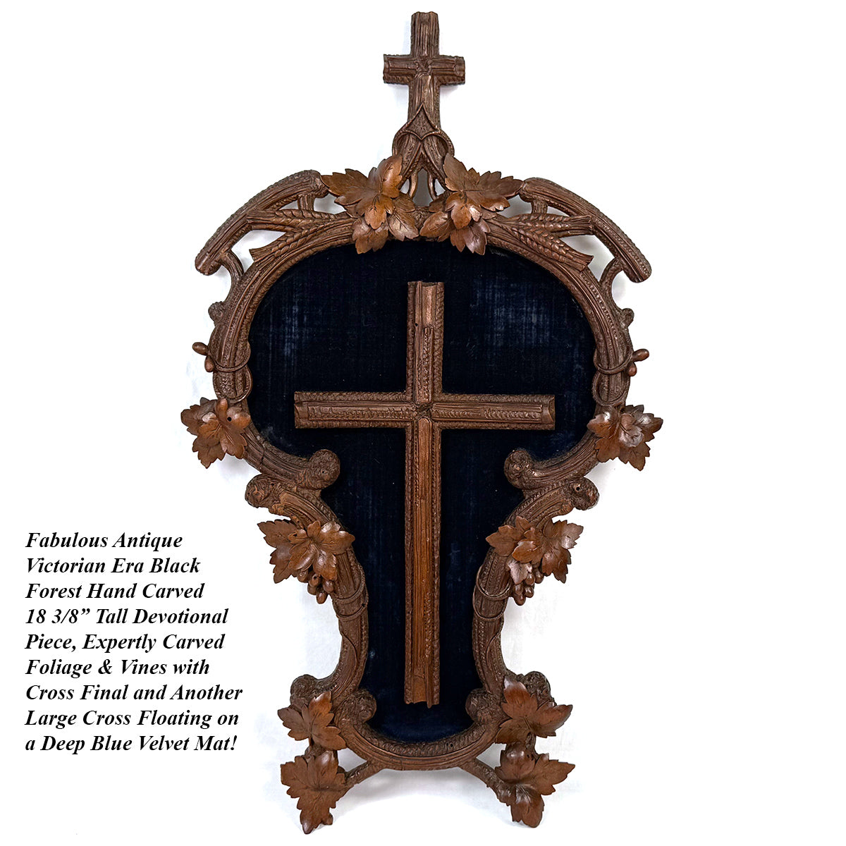 Antique Black Forest Carved 18.5" Foliate Accented Icon Frame, Inner Cross on Navy Velvet Mat